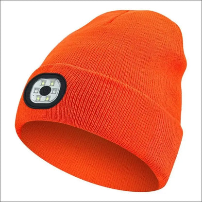 LED Beanie Hat with Light Unisex Warm Winter USB Rechargeable Headlamp Cap Knitted Night Lighted Flashlight - orange