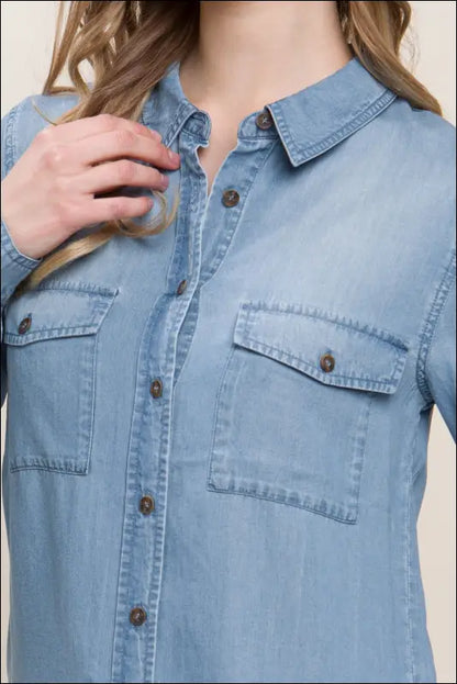 Love Tree Scooped Hem Button Up Denim Shirt