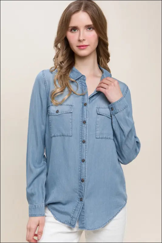 Love Tree Scooped Hem Button Up Denim Shirt - Blue / S