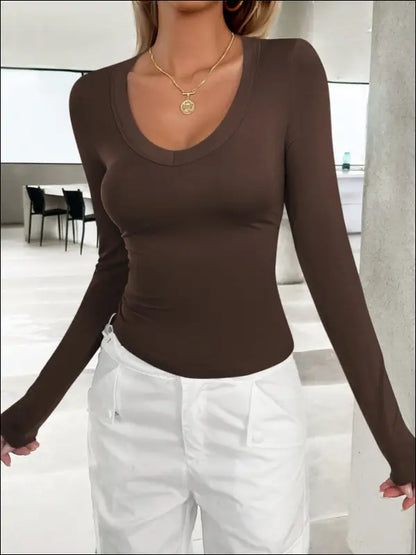 Lovelet V-Neck Long Sleeve T-Shirt - Brown / S