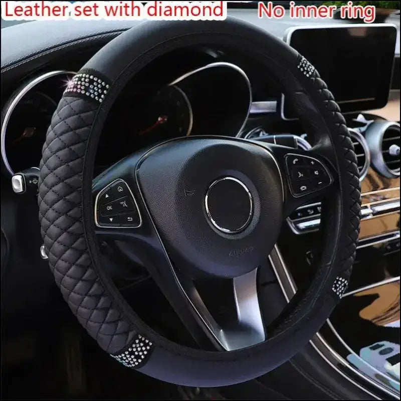 Luxury Three-Dimensional Leather Car Steering Wheel Cover 37-38cm | Embroidered & Diamond-Encrusted | Breathable Design