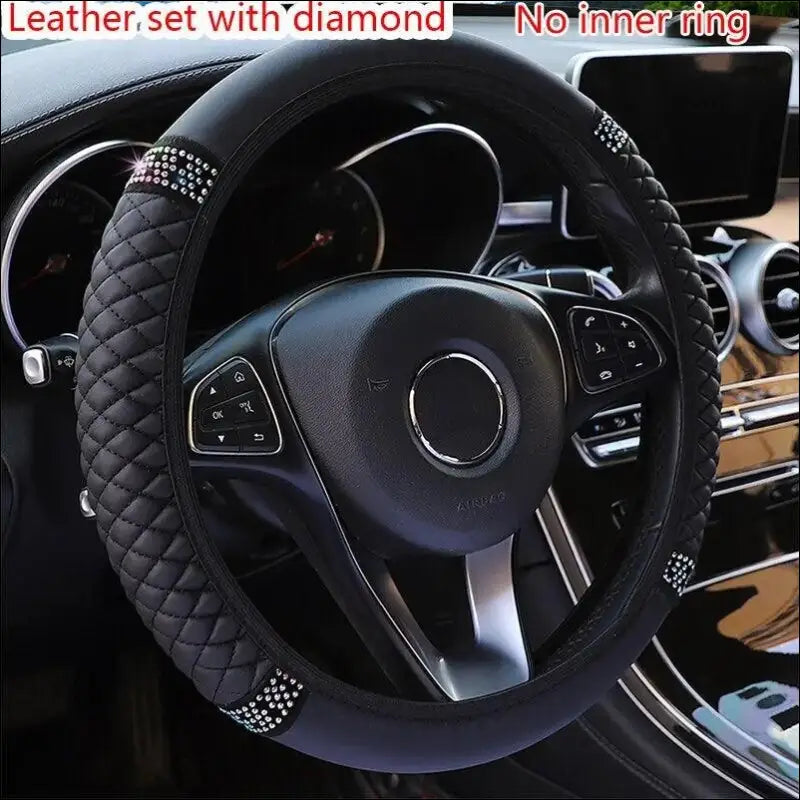 Luxury Three-Dimensional Leather Car Steering Wheel Cover 37-38cm | Embroidered & Diamond-Encrusted | Breathable Design