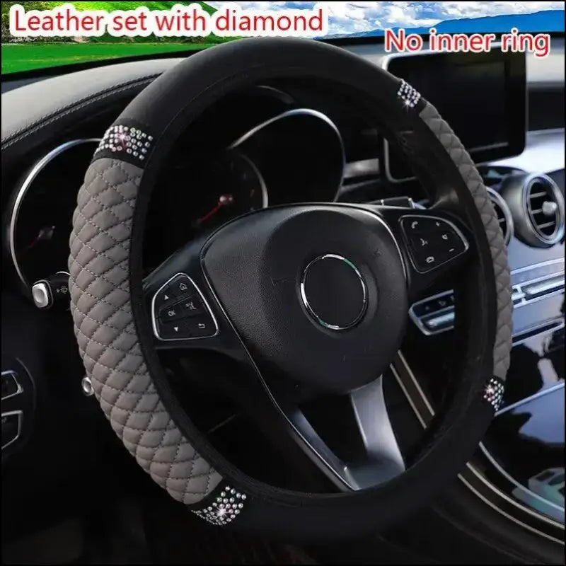 Luxury Three-Dimensional Leather Car Steering Wheel Cover 37-38cm | Embroidered & Diamond-Encrusted | Breathable Design