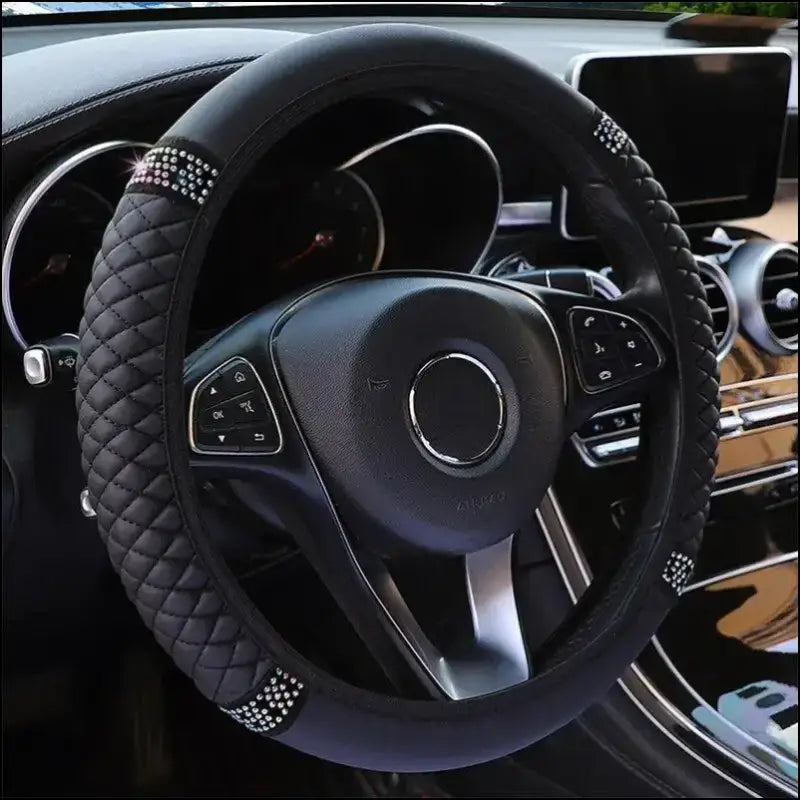 Luxury Three-Dimensional Leather Car Steering Wheel Cover 37-38cm | Embroidered & Diamond-Encrusted | Breathable Design