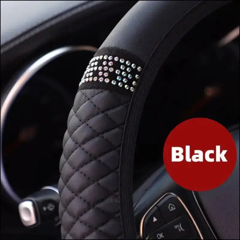 Luxury Three-Dimensional Leather Car Steering Wheel Cover 37-38cm | Embroidered & Diamond-Encrusted | Breathable Design