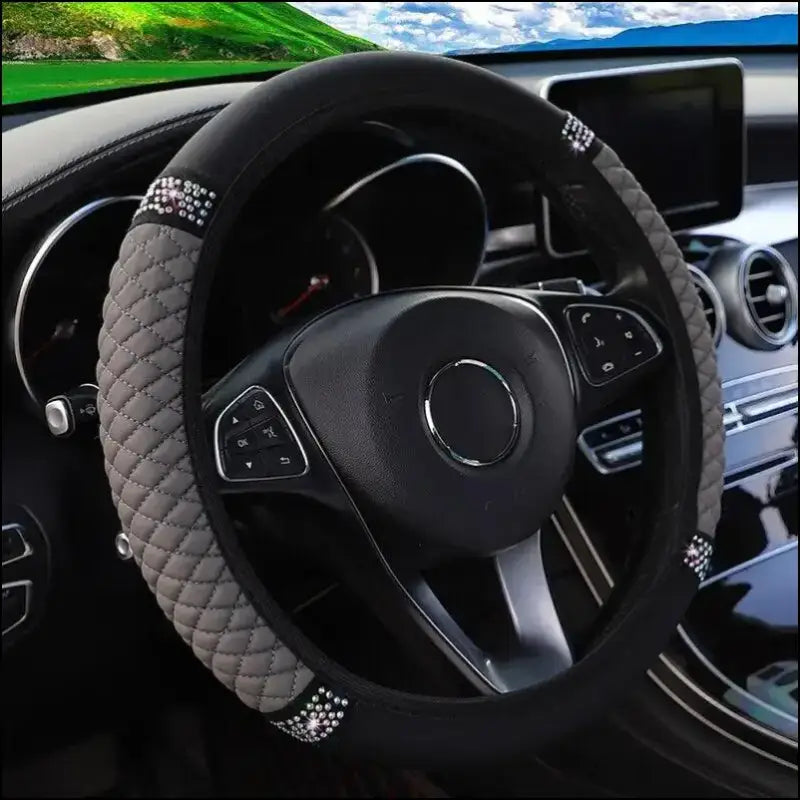 Luxury Three-Dimensional Leather Car Steering Wheel Cover 37-38cm | Embroidered & Diamond-Encrusted | Breathable Design