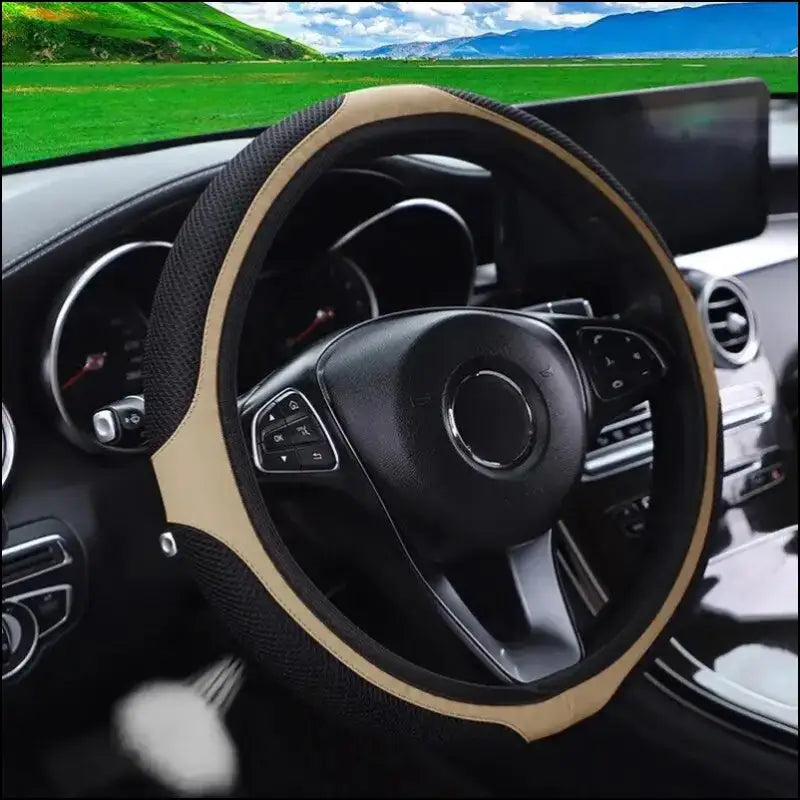 Luxury Three-Dimensional Leather Car Steering Wheel Cover 37-38cm | Embroidered & Diamond-Encrusted | Breathable Design