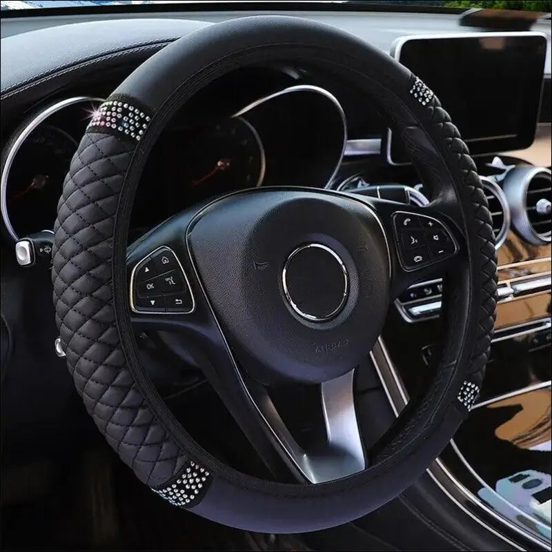 Luxury Three-Dimensional Leather Car Steering Wheel Cover 37-38cm | Embroidered & Diamond-Encrusted | Breathable Design