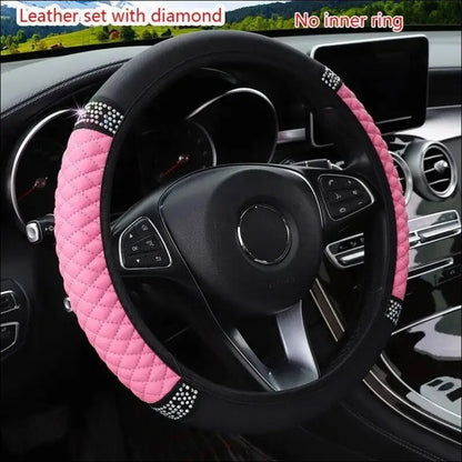 Luxury Three-Dimensional Leather Car Steering Wheel Cover 37-38cm | Embroidered & Diamond-Encrusted | Breathable Design