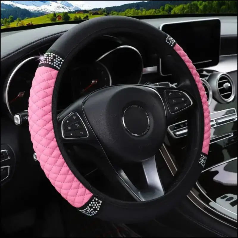 Luxury Three-Dimensional Leather Car Steering Wheel Cover 37-38cm | Embroidered & Diamond-Encrusted | Breathable Design