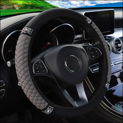 Luxury Three-Dimensional Leather Car Steering Wheel Cover 37-38cm | Embroidered & Diamond-Encrusted | Breathable Design