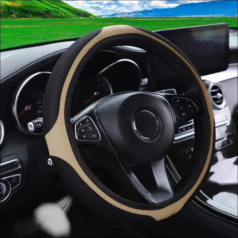 Luxury Three-Dimensional Leather Car Steering Wheel Cover 37-38cm | Embroidered & Diamond-Encrusted | Breathable Design