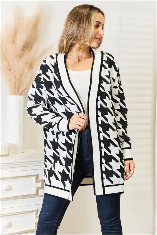 Mandy Woven Right Houndstooth Open Front Longline Cardigan - Black / S