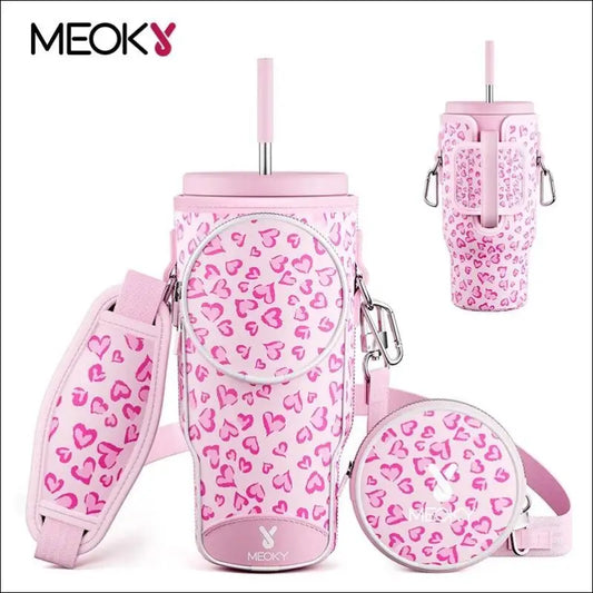 Meoky Pink Love Cup Sleeve | Reusable Portable Water Bottle Carrier for 40oz Large Capacity Cups | Fashionable Vacuum