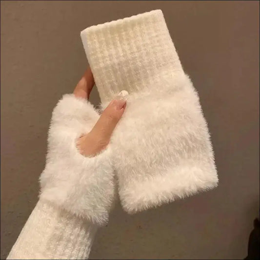 Mink Fleece Soft Winter Half Finger Gloves for Women - Warm Luxury Plush Knitted Fingerless Mittens Writing