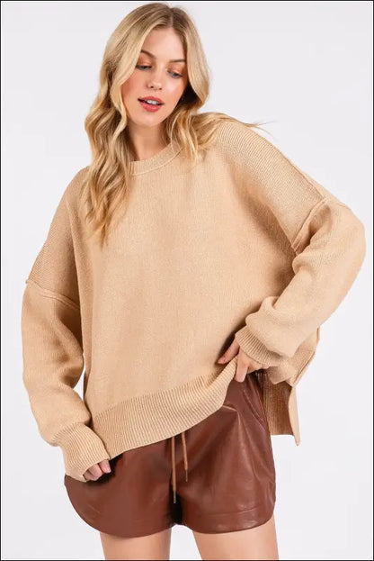 Mittoshop Side Slit Round Neck Drop Shoulder Sweater - Tan / S