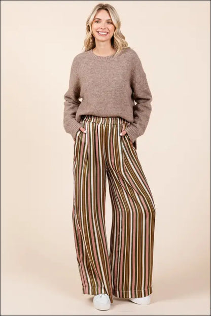 Mittoshop Striped Satin Elastic Waist Wide Leg Pants - Mauve Multi / S