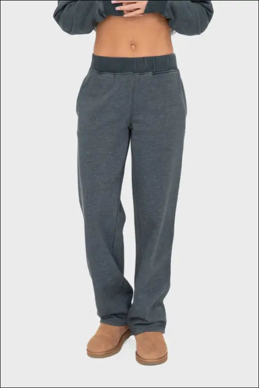 Mono B Elastic Waist Fleece Pants with Pockets - JUNGLE GREEN / S