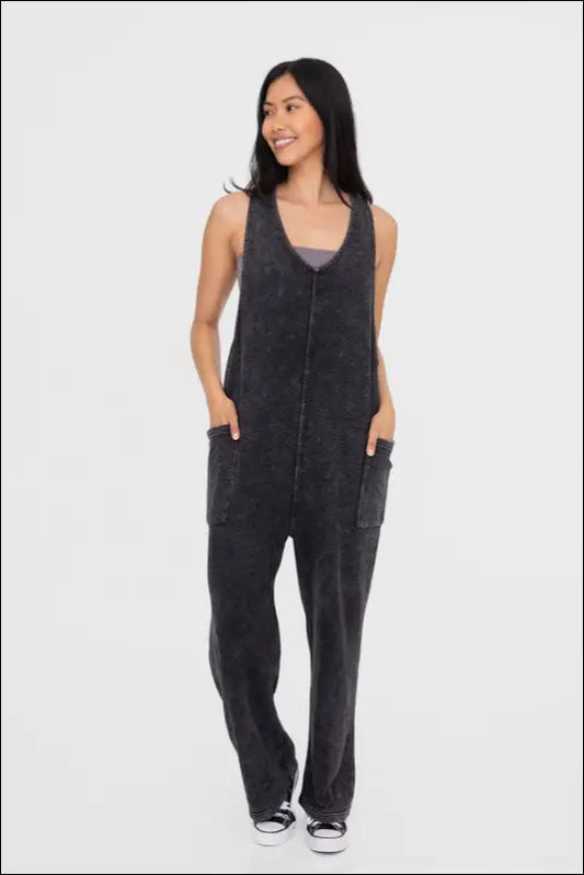 Mono B Mineral-Washed V Neck Overalls with Pockets - Black / S