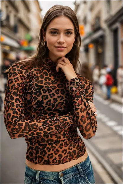 Oh Full Size Frill Printed Mock Neck Long Sleeve Top - Leopard / S