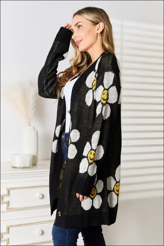 Perfee Floral Button Down Longline Cardigan