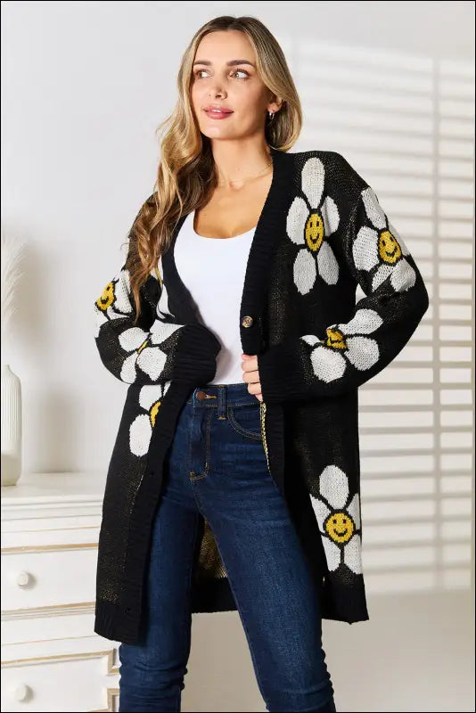 Perfee Floral Button Down Longline Cardigan - Black / S