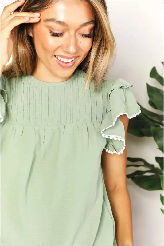 Perfee Pleated Detail Flutter Sleeve Blouse