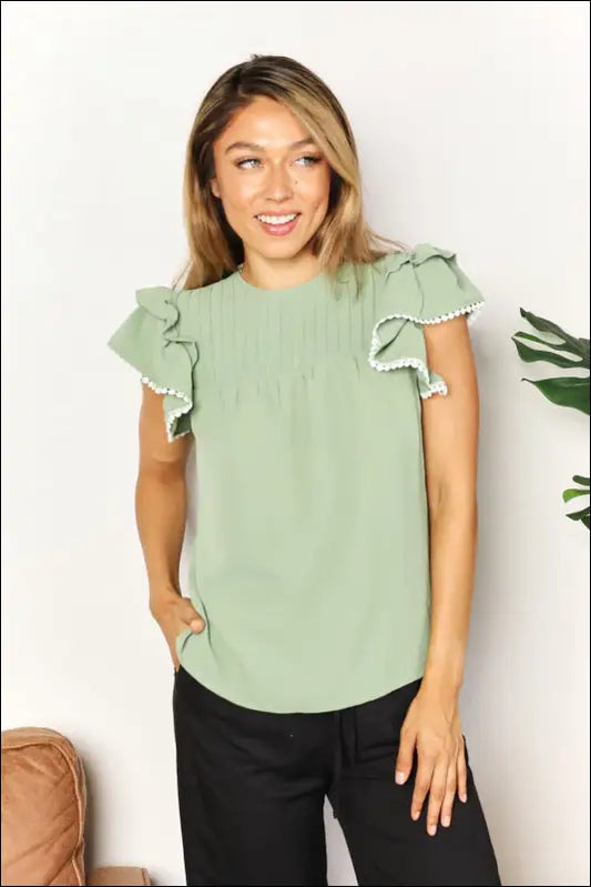 Perfee Pleated Detail Flutter Sleeve Blouse - Light Green / S