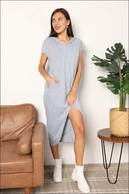 Perfee Short Sleeve Front Slit Hooded Dress - Light Gray / S