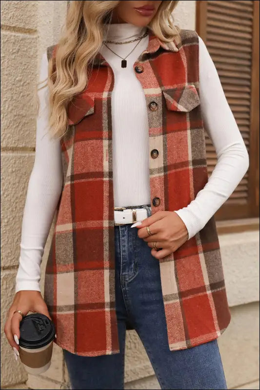 Plaid Button Up Vest Coat - Terracotta / S