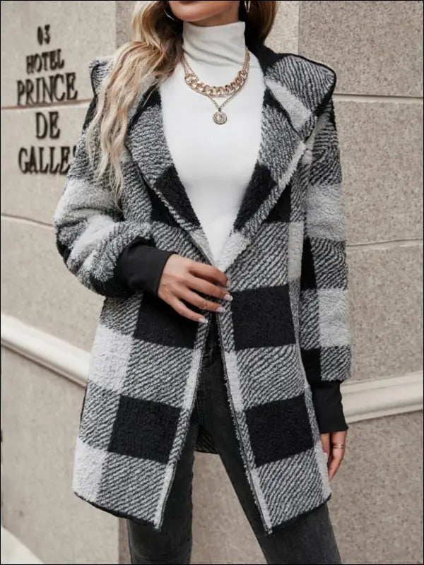 Plaid Long Sleeve Hooded Coat - Black / S