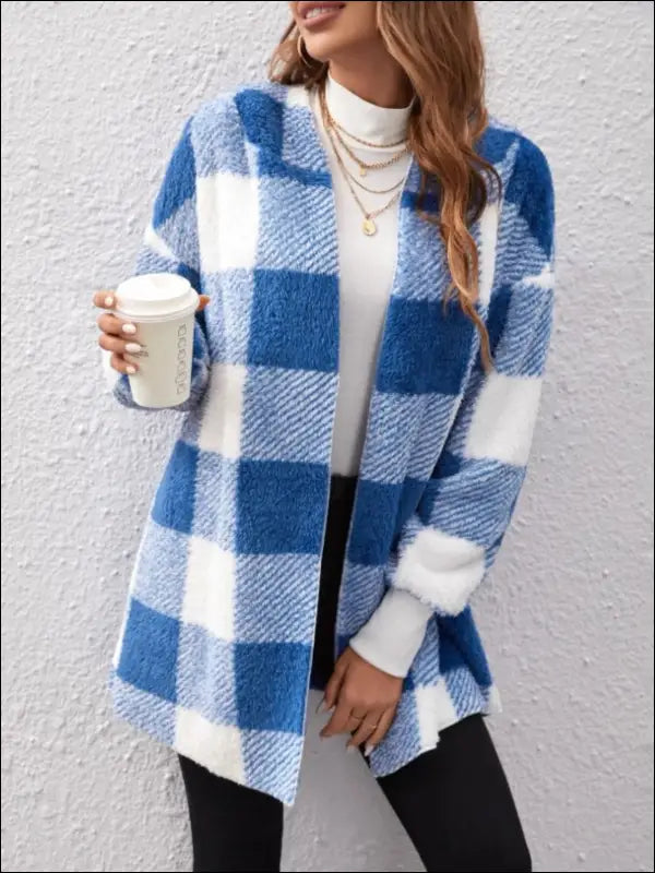 Plaid Long Sleeve Hooded Coat - Blue / S