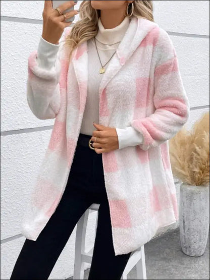 Plaid Long Sleeve Hooded Coat - Blush Pink / S