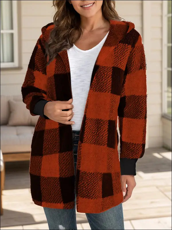 Plaid Long Sleeve Hooded Coat - Burgundy / S