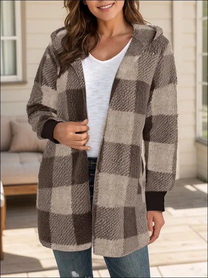 Plaid Long Sleeve Hooded Coat - Dark Brown / S