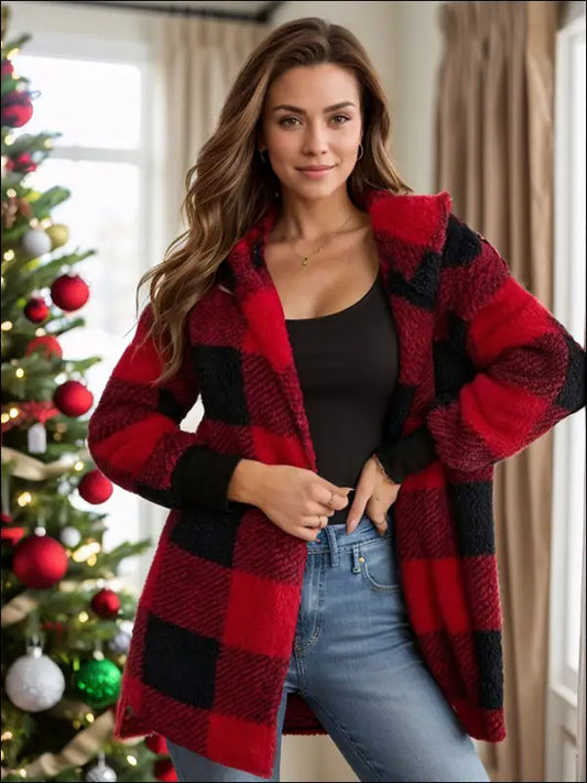 Plaid Long Sleeve Hooded Coat - Deep Red / S