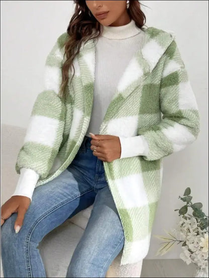 Plaid Long Sleeve Hooded Coat - Light Green / S