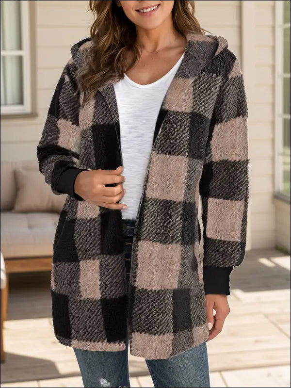 Plaid Long Sleeve Hooded Coat - Mocha / S