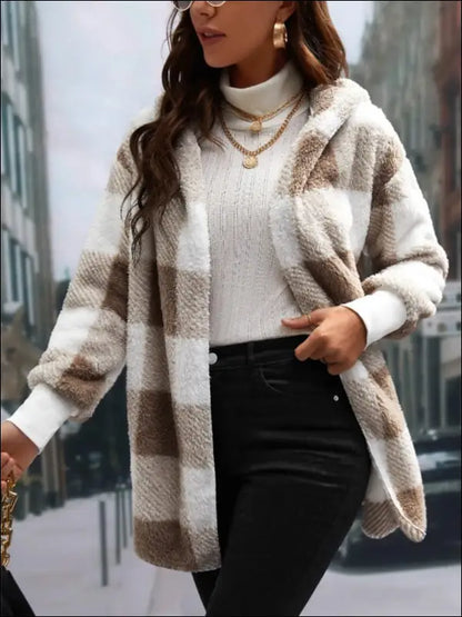 Plaid Long Sleeve Hooded Coat - Tan / S