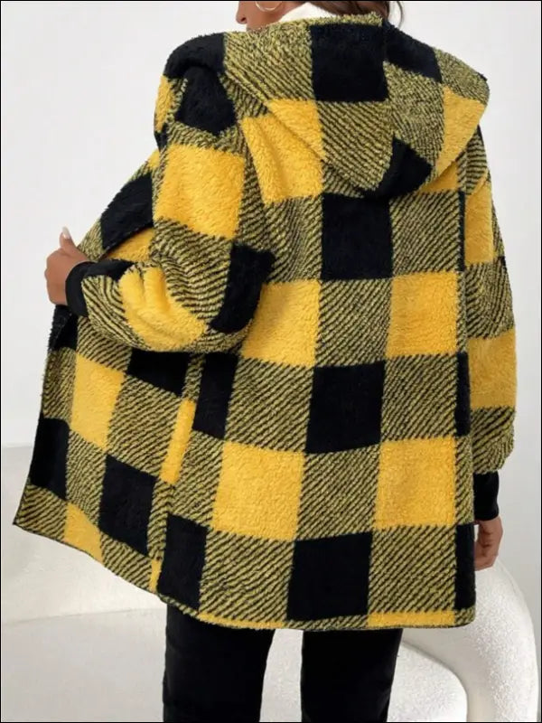 Plaid Long Sleeve Hooded Coat - Yellow / S