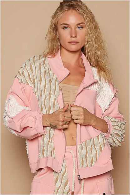 POL Applique Patchwork Zip Up Jacket - Watermelon pink / S