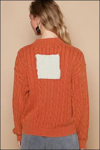 POL Cable-Knit Peace Patch Dropped Shoulder Sweater