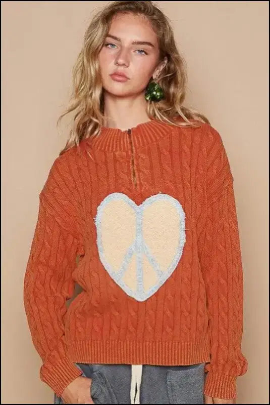 POL Cable-Knit Peace Patch Dropped Shoulder Sweater