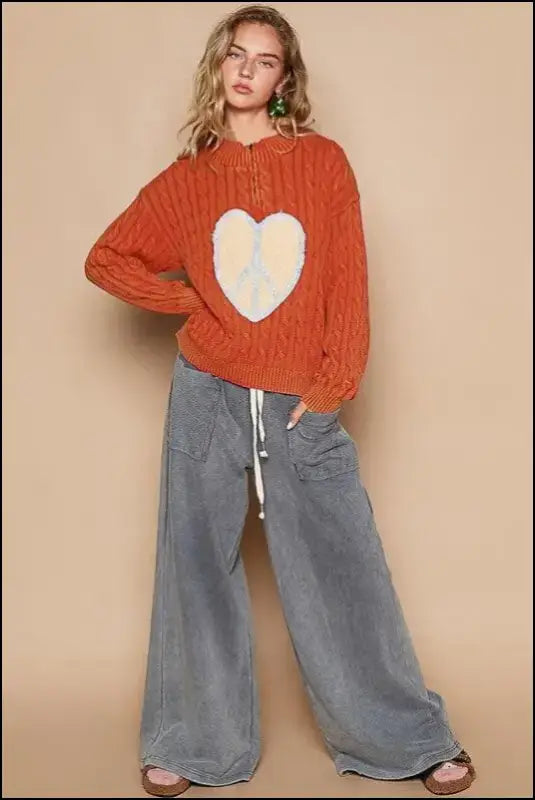 POL Cable-Knit Peace Patch Dropped Shoulder Sweater