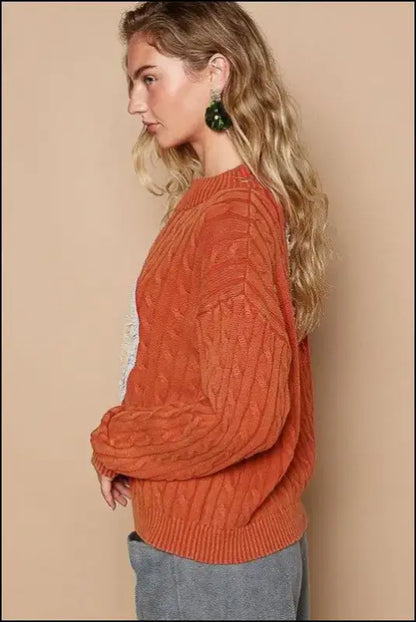 POL Cable-Knit Peace Patch Dropped Shoulder Sweater