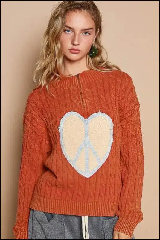 POL Cable-Knit Peace Patch Dropped Shoulder Sweater - Orange-Red / S