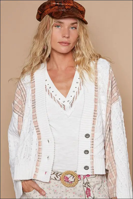 POL Cable-Knit Plaid V-Neck Button Up Cardigan - White / S