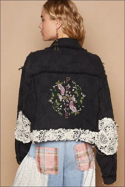 POL Crochet Patch Embroidered Button Up Jacket