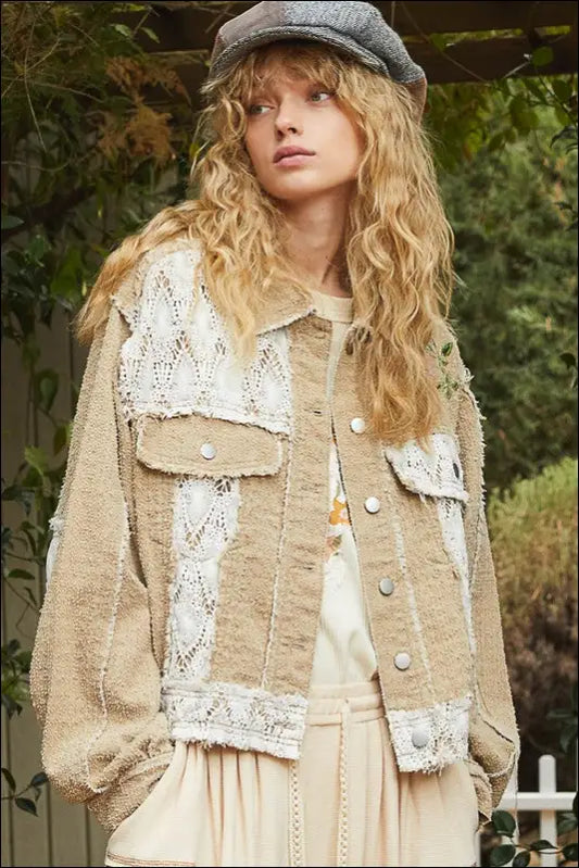 POL Crochet Patch Embroidered Button Up Jacket - Sand Multicolor / S