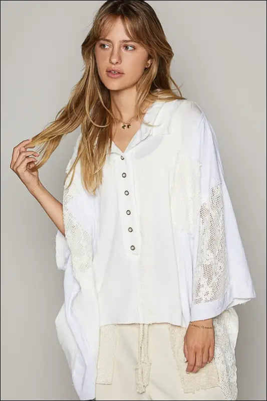 POL Crochet Patchwork Frayed Edge Half Button Knit Top - White / S